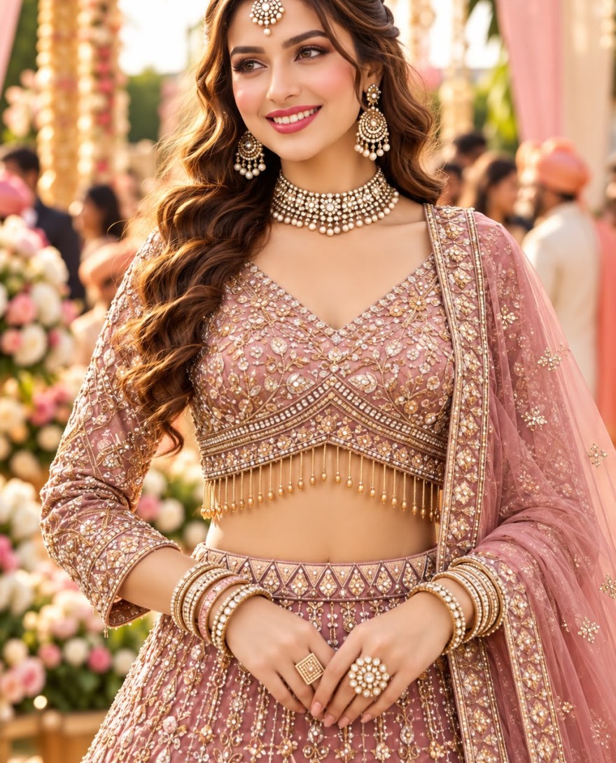 1219 - Pink Fancy Fabric Lehenga Choli with Beads, Embroidered and Zari Work for Engagement
